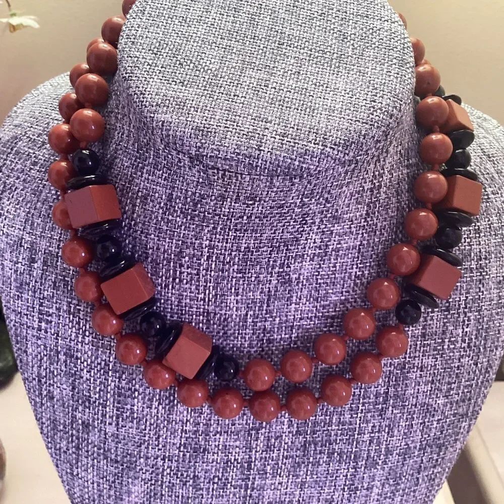 Brick Red and Black Bead Necklace